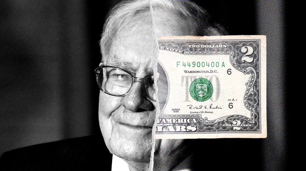 Imagem de Warren Buffet e de uma cédula em dólar