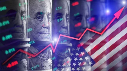 Montagem mostra série de notas de 100 dólares junto à bandeira americana e seta indicando crescimento de ativo. Conceito de câmbio e investimentos no mercado monetário. Fundos de renda fixa.