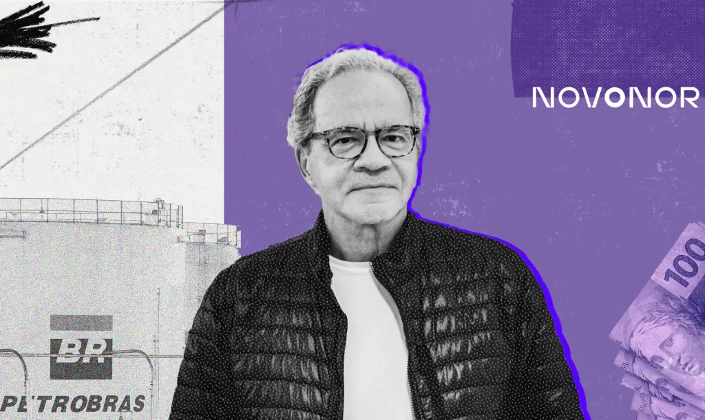 Retrato de Nelson Tanure com óculos e cabelo grisalho. Ao fundo: instalações Petrobras, logo Novonor e cédulas de 100 reais.