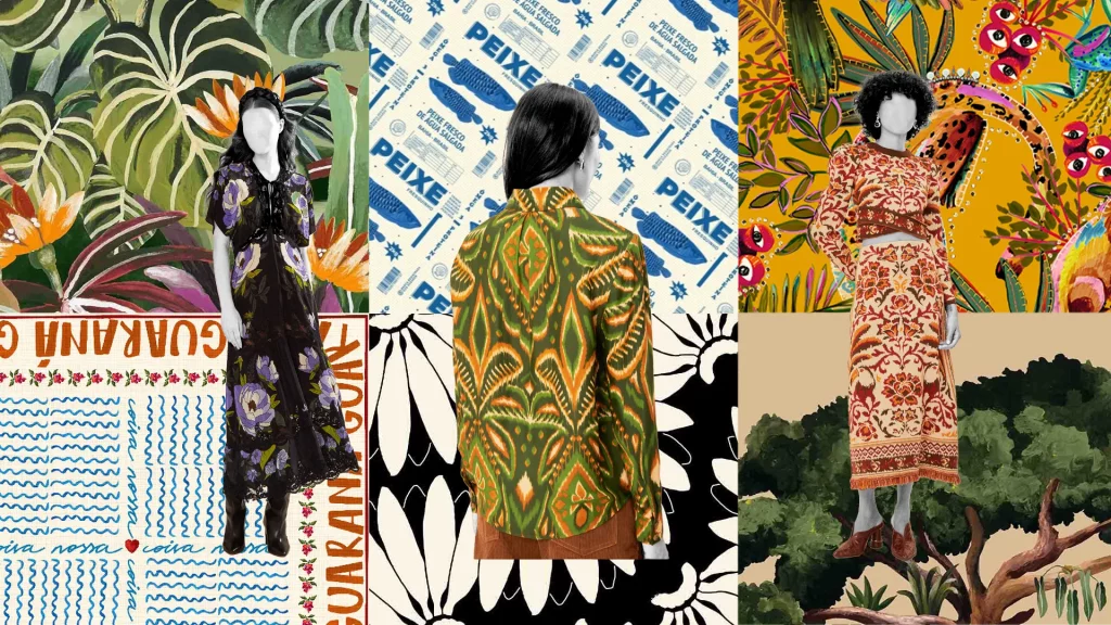 À esquerda: figura feminina com vestido longo preto floral diante de fundo tropical vibrante. No centro: mulher de costas com blazer de folhas e textura de embalagem repetida escrita "PEIXE". À direita: conjunto longo floral e geométrico contra mural colorido com ilustrações tropicais modernas.