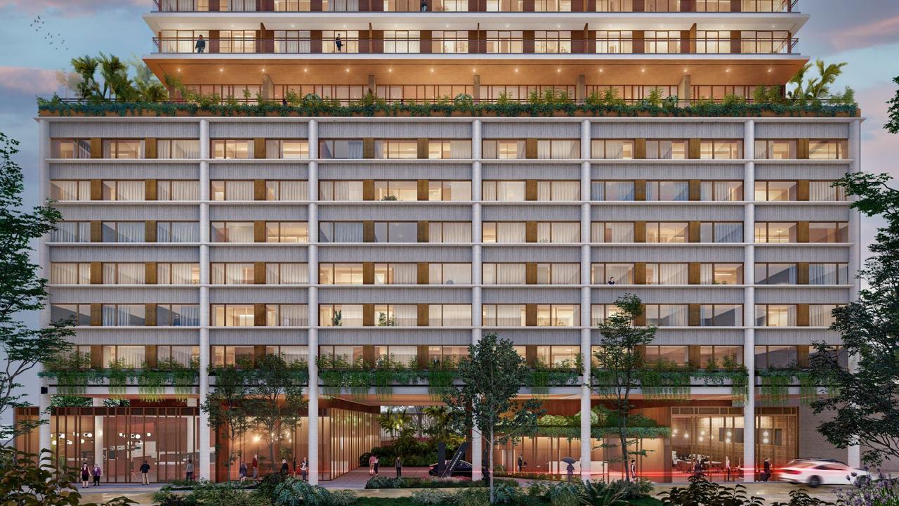 Fachada de edifício residencial contemporâneo, com linhas horizontais regulares, grandes janelas e varandas com vegetação. No térreo, área aberta com circulação de pedestres e entrada iluminada; acima, terraços e áreas comuns ajardinadas.