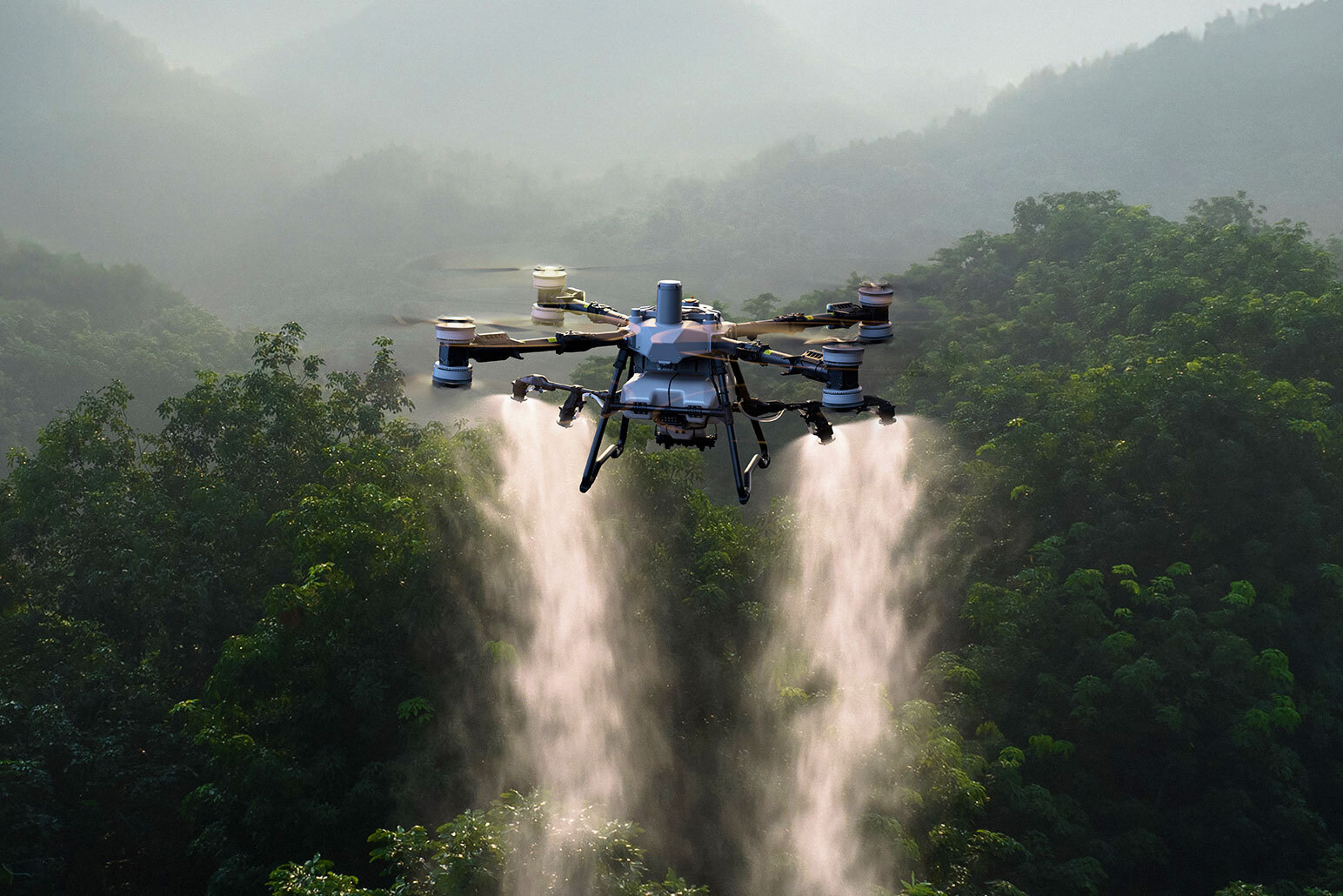 Drone sobrevoando floresta, pulverizando.
